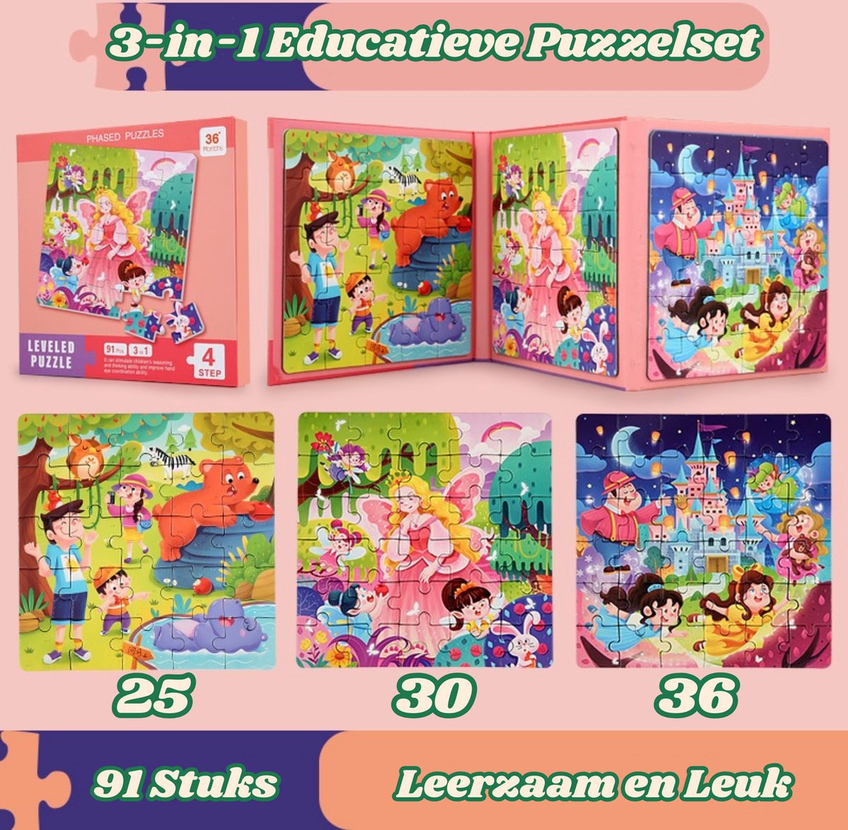 Leerkracht 3-in-1 Magnetische Puzzel - Educatief Speelgoed - 25/30/36 Stukjes - Thema Dieren in het Bos, Prinsessen en Sprookjeskasteel - Speelgoed - Puzzel
