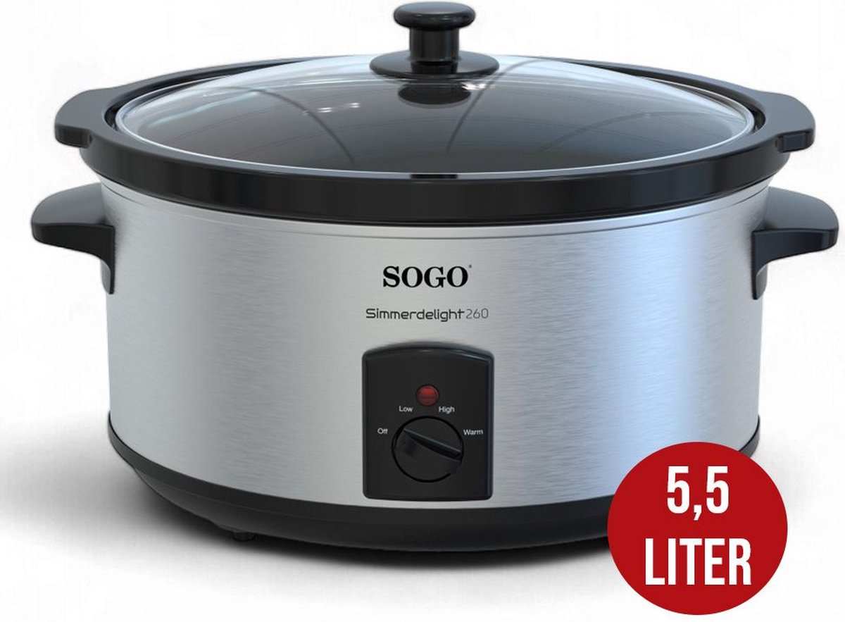 SOGO Slowcooker Geschikt voor 8 Personen - 5.5 Liter - 3 Kookfuncties - 260W - RVS