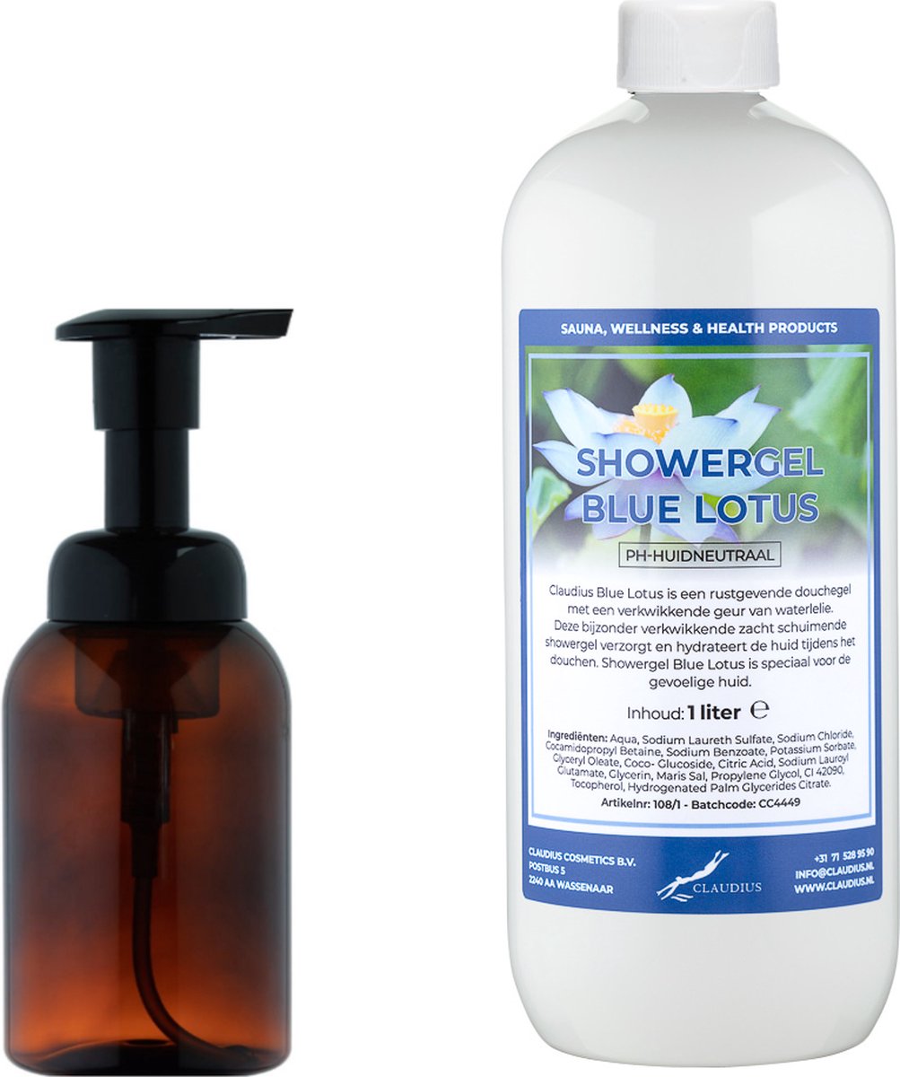 Goedkoopste Zeepdispenser 300 ml amber bruin hervulbaar 1 liter Showergel Blue Lotus navulling