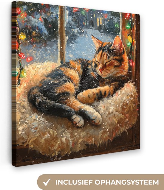Canvas schilderij 20x20 cm - Wanddecoratie Kat - Kerst - Winter - Dier - Muurdecoratie woonkamer - Slaapkamer decoratie - Kamer accessoires - Schilderijen op canvas - Kerstdecoratie voor binnen - Kerstversiering - Kerstmis versiering