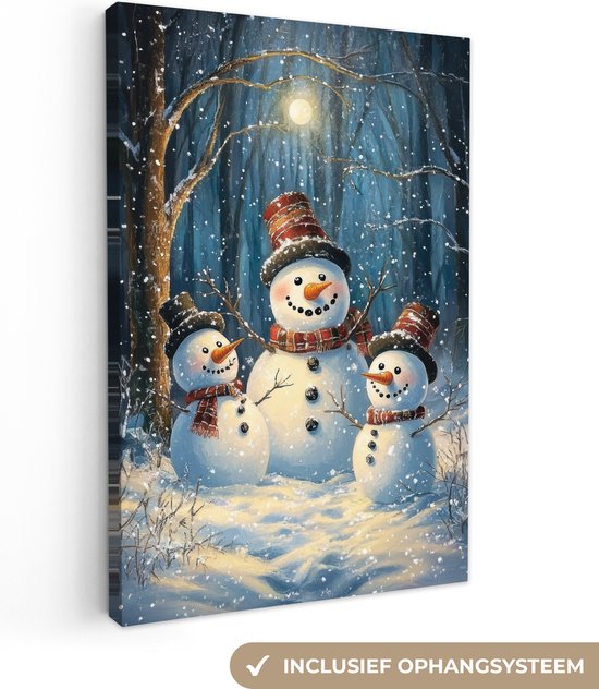 Canvas schilderij 80x120 cm - Wanddecoratie Sneeuwpop - Sneeuw - Winter - Bos - Muurdecoratie woonkamer - Slaapkamer decoratie - Kamer accessoires - Schilderijen op canvas