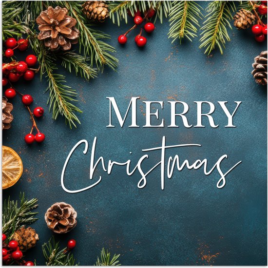 Poster 75x75 cm - Merry Christmas - Blauw - Kerst - Winter - Posters - Kamer decoratie - Wanddecoratie woonkamer - Kerstdecoratie voor binnen - Kerstversiering - Kerstmis versiering in huis - Christmas decorations