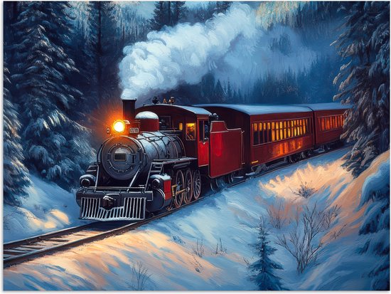 Poster 80x60 cm - Trein - Kerst - Sneeuw - Kersttrein - Posters - Kamer decoratie - Wanddecoratie woonkamer - Kerstdecoratie voor binnen - Kerstversiering - Kerstmis versiering in huis - Kerstaccessoires
