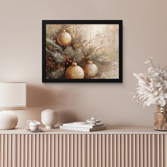 Poster in lijst - Fotolijst 40x30 cm - Posters - Kerst - Kerstballen - Beige - Goud - Posterlijst zwart - Decoratie - Wanddecoratie woonkamer - Kerstdecoratie voor binnen - Kerstversiering - Kerstmis versiering in huis - Kerstaccessoires