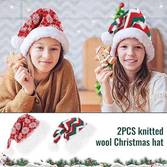 2 Pièces Bonnet de Père Noël Tricoté - Bonnet de Père Noël en Peluche - Bonnet de Père Noël Rouge Mignon - Chapeau en Peluche Rouge du Nouvel An - Convient pour un Usage Quotidien - Fête de Noël - Nouvel An