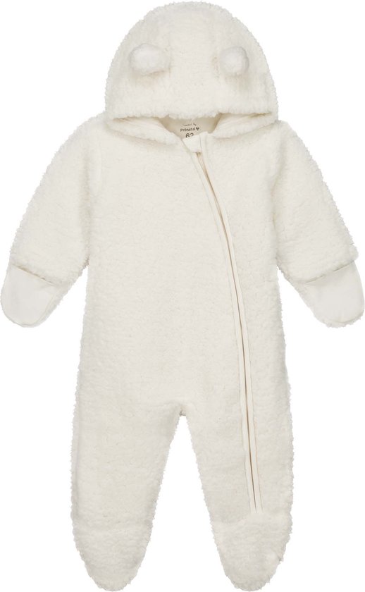 Witte teddy onesie met capuchon met berenoortjes en rits. Omslaglaarsjes en omslagmanchetten.