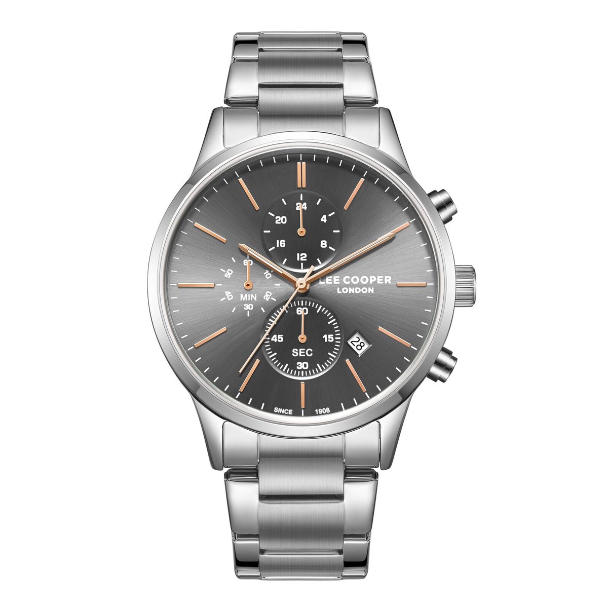 Lee Cooper LC08042.360 - Horloge - Polshorloge - Analoog - Heren - Mannen - stalen band - Metaal - Rond - Strepen - Datumaanduiding - Chronograaf - StopWatch - 12-24H - Zilverkleurig - DonkerGrijs - Rosékleurig