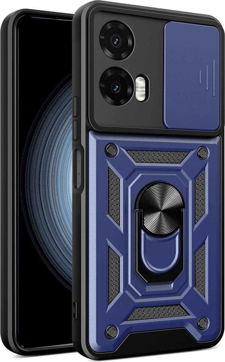 MobyDefend Hoesje - Geschikt voor Motorola Moto G35 - Pantsercase Met Draaibare Ring - Blauw