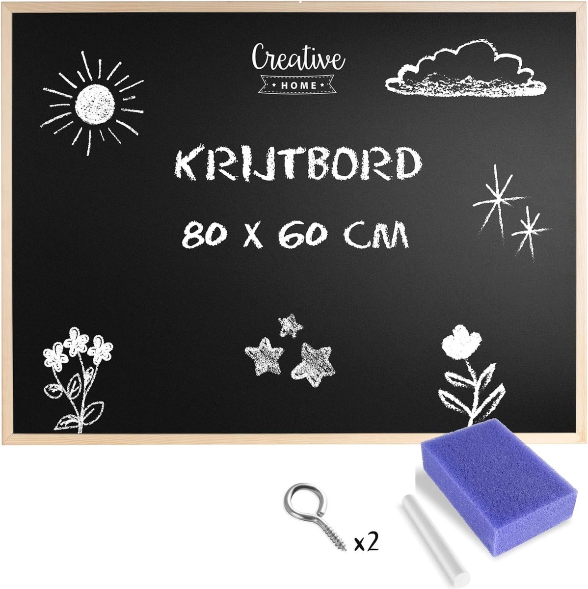 80 x 60 cm Krijtbord Schoolbord met Houten Frame - Ideaal voor Thuis, Kantoor, School & Restaurant
