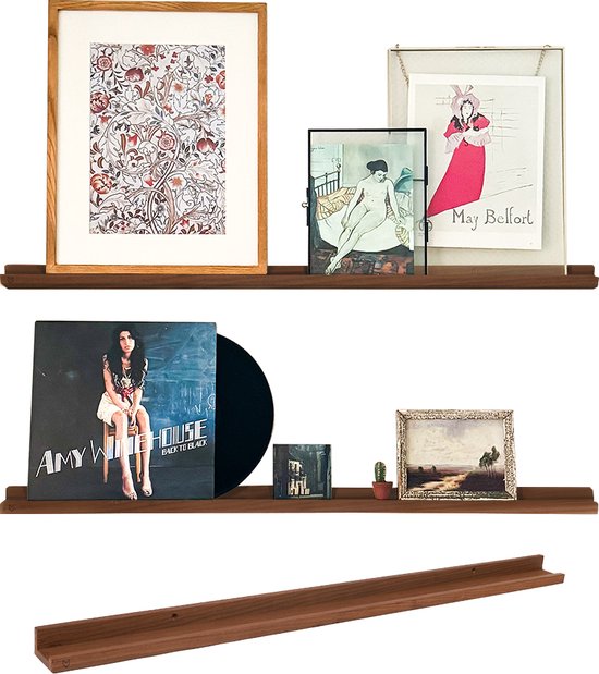 Walnoot wandplank - 99 cm - Wandplank zwevend - Wandplank hout - Fotoplank - Walnoten look - Met opzetrand - FSC Europees hout - Handgemaakt in Nederland