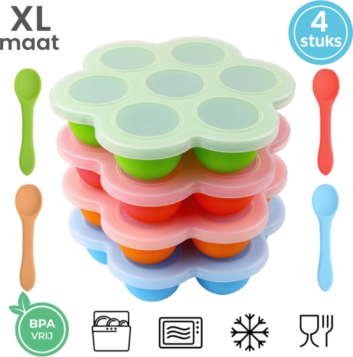 Goedkoopste Babyvoeding bewaarbakjes met lepels - Bewaarbakjes babyvoeding - Babyvoedingsaccessoires - Bewaarbakjes babyhapjes - Diepvriesbakjes - Set van 4 bakjes - 28 porties - 75 ml - Maat L - Magnetron & vaatwasser veilig - 20.5 x 20.5 cm - 100 BPA vrij