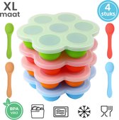 Babyvoeding bewaarbakjes met lepels - Bewaarbakjes babyvoeding - Babyvoedingsaccessoires - Bewaarbakjes babyhapjes - Diepvriesbakjes - Set van 4 bakjes - 28 porties - 75 ml - Maat L - Magnetron & vaatwasser veilig - 20.5 x 20.5 cm - 100% BPA vrij