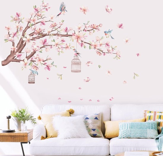 Muursticker - woonkamer decoratie muur - Muur decoratie - voor woonkamer slaapkamer - 30*60cm - Tak Vogels Bloemen Muursticker - PVC - kleurrijk