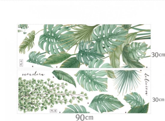 Twee stickers met groene Monstera deliciosa bladeren en hangende varens, met afmetingen van 30x90cm.