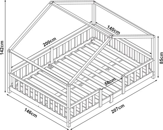 Représentation schématique des dimensions d'un lit maison blanc avec barreaux.