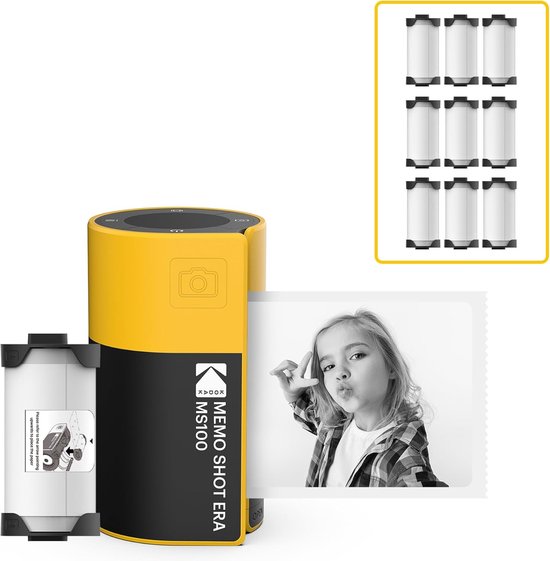 KODAK Memo Shot ERA MS100-bundel - Zelfklevende fotoprinter + 9 cartridges - Afdrukformaat 2,7 x 1,8 inch, Bluetooth, compatibel met iOS/Android, afdrukken in 25 seconden, inclusief KODAK Memo-app - Geel