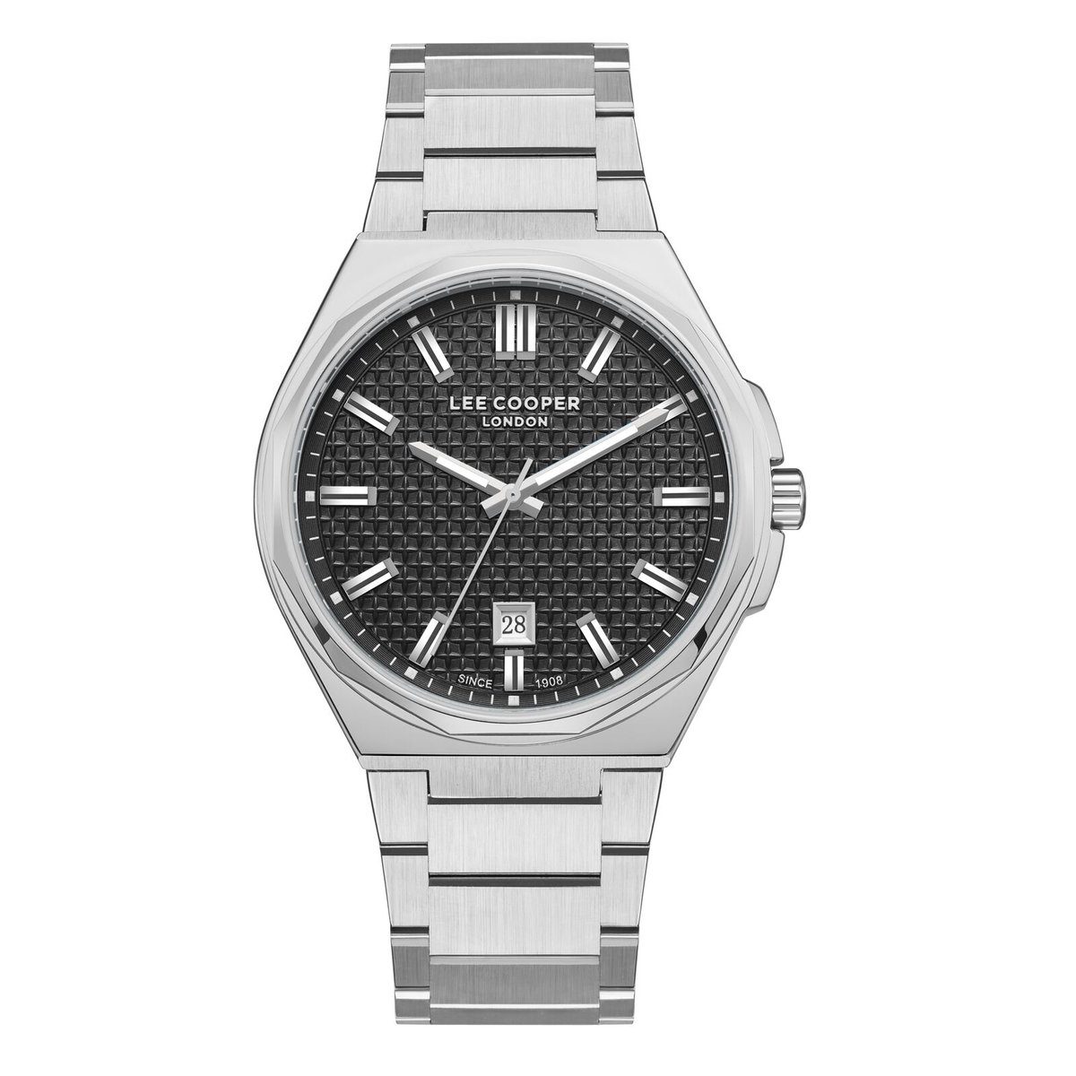 Lee Cooper LC08031.360 - Horloge - Polshorloge - Analoog - Heren - Mannen - stalen band - Metaal - Rond - Strepen - Datumaanduiding - Zilverkleurig - DonkerGrijs