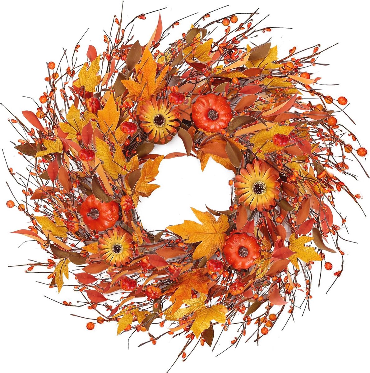 Herfstkrans 50 cm voor voordeur en muur - Decoratie met pompoen en madeliefje - Perfect voor Thanksgiving en Feestdagen