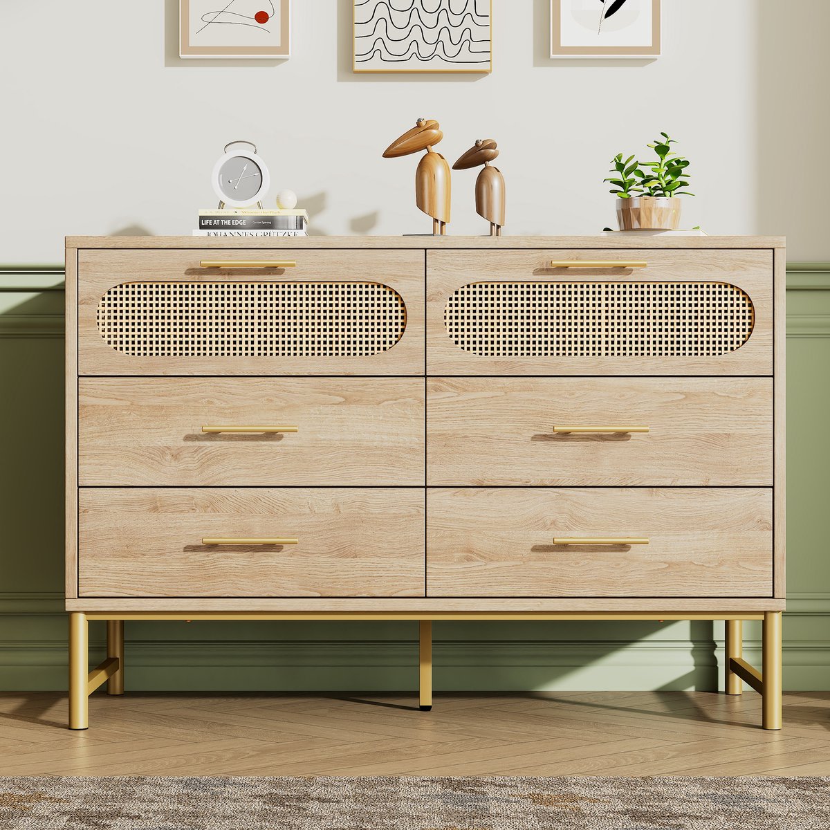 Gutent Ladekast, Eiken, Rotan, met 6 laden, Metalen handgrepen, Kantelbeveiliging, 120 x 40 x 74 cm, voor woonkamer en slaapkamer