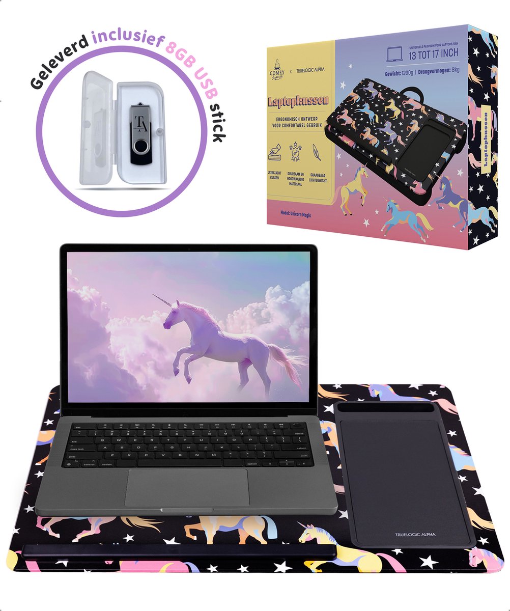 TrueLogic Alpha Laptop standaard - Laptoptafel - Bedtafel - Laptopkussen - Laptopstandaard - Voor laptops t/m 17 inch - Geleverd inclusief 8GB USB stick - Unicorn Magic