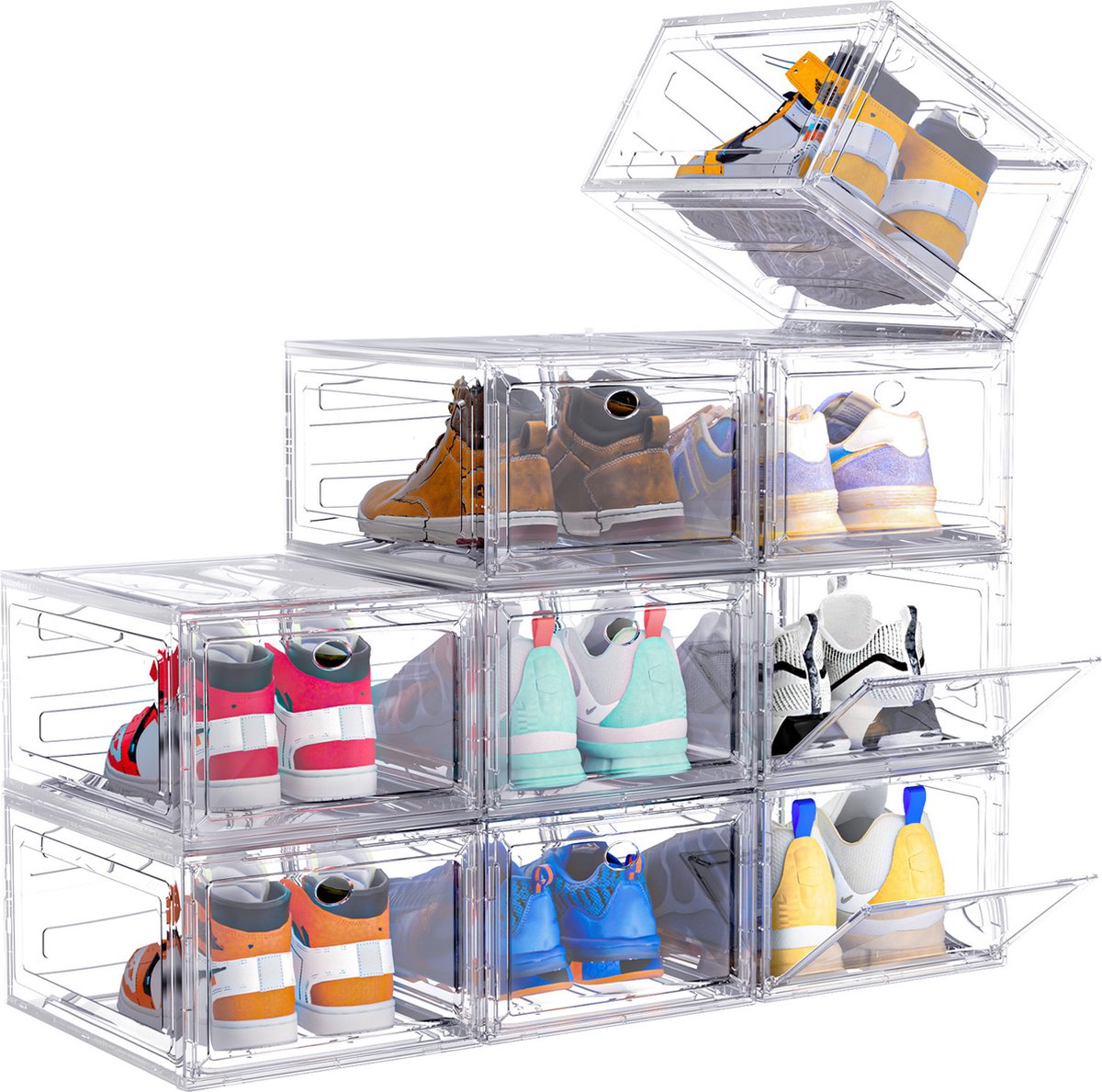 Ruesious Sneakerbox Stapelbare Transparante Schoenendozen Magnetische Afsluiting Opbergsysteem voor Sneakers, Kleding & Meer - Zwart/Wit - 34,4x27x19 cm - Shoe Box - Opbergdozen - Schoenenopslag Transparante Opbergboxen - Sneaker Organizer - 9 Stuks