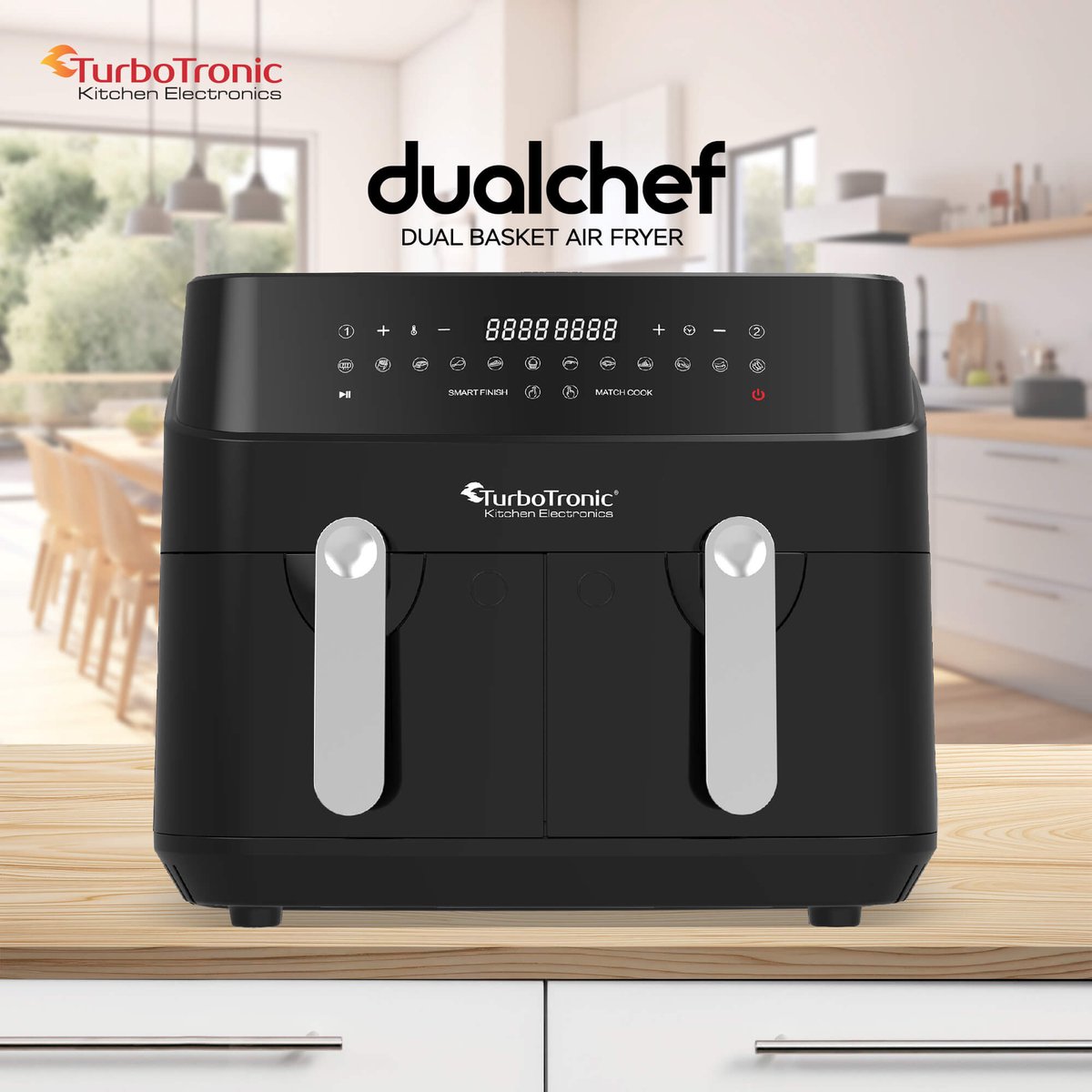 Afbeelding 2 van Turbotronic DAF5 Dubbele Airfryer XXL DualChef - 9L - 1600W - Heteluchtfriteuse - Dubbele Mand - 2 x 4.5L - 50ºC tot 200ºC - 12 Kookprogramma's - Zwart