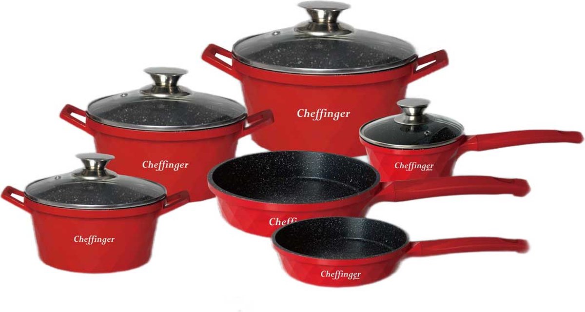 Cheffinger Pannenset - 12-delig - Rood - Inductie - Met Glazen Deksels