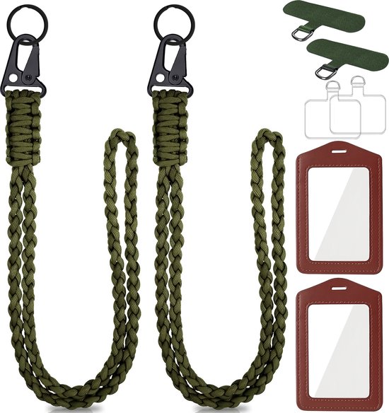 Foto: Paracord heavy duty 550 lanyards set met pu leer badgehouders en 4 gsm bevestigingsplaatjes universeel telefoonkoord keycord strap sleutelkoord telefoonketting telefoon koord kaarthouder keykoord id pashouder nekkoord phone ketting cord