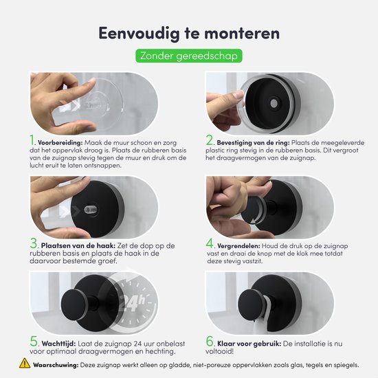 Stapsgewijze montage-instructies voor de zwarte zuighaak, inclusief voorbereiding, bevestiging en gebruik.