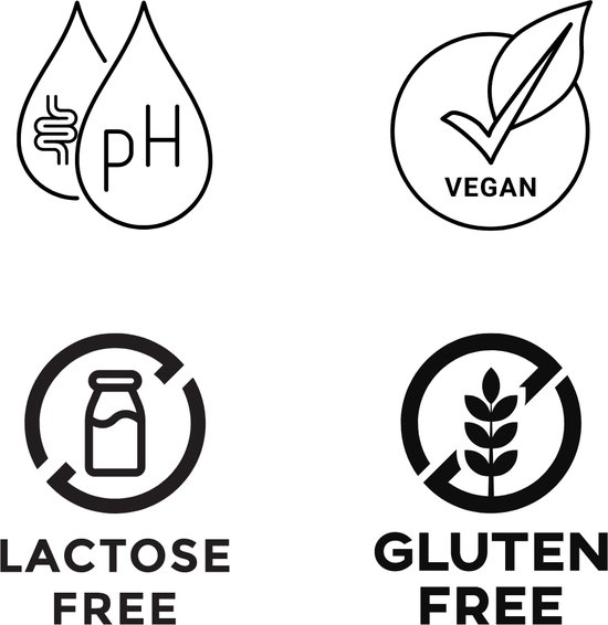 Iconen: pH-waarde, vegan, lactosevrij en glutenvrij.