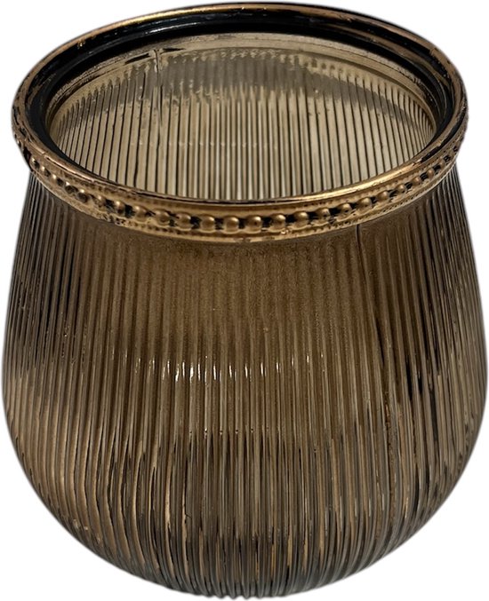Stijlvolle Geribbelde Glazen Windlicht | Vintage Look | Transparant Bruin met Gouden Rand | Windlicht Glas | Windlicht voor binnen | Theelichthouder | Theelichthouder Kerst