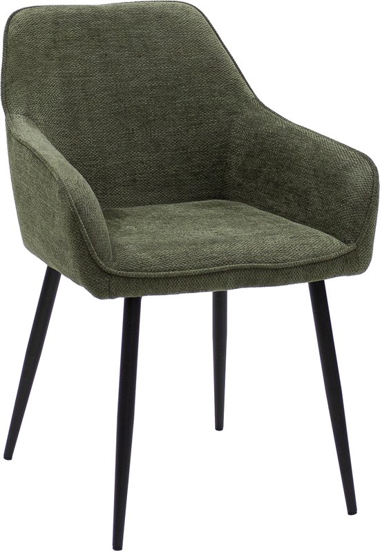 Chaise de salle à manger verte avec accoudoirs, quatre pieds noirs inclinés.