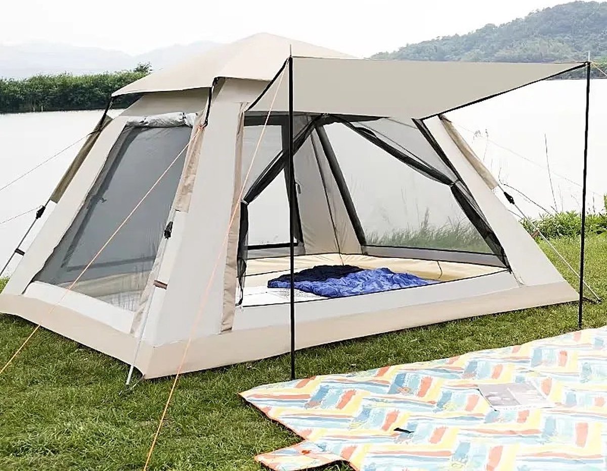 DHN Automatische Kampeertent - Snel open - Camping Tent 3-4 - Instant Setup, Draagtas - Beige - 200cm , 300cm