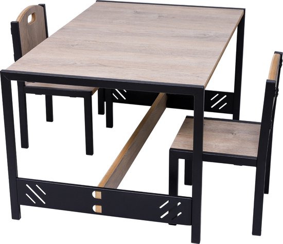 Industrial Living Speeltafel met 2 Stoelen | Activiteitentafel voor Kinderen | Kinderbureau van Hout en Metaal | Eiken Afwerking