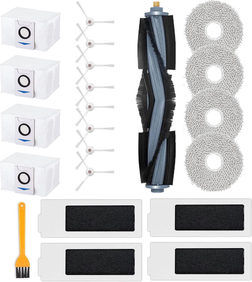 geschikt voor Ecovacs Deebot T20 OMNI / T20e OMNI, Stofzuiger Vervangingsonderdelen Accessoireset, 1 Hoofdborstel, 4 HEPA-filters, 4 Reinigingsdoeken, 4 Stofzakken, 8 Zijborstels, 1 Reinigingsborstel