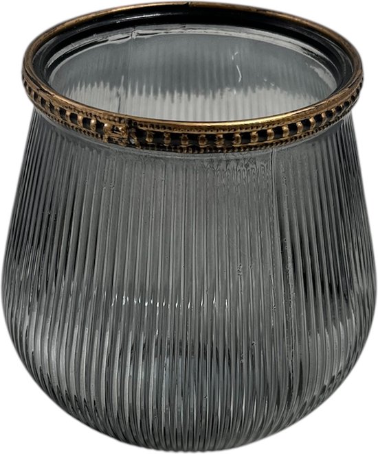 Stijlvolle Geribbelde Glazen Windlicht | Vintage Look | Transparant Grijs met Gouden Rand | Windlicht Glas | Windlicht voor binnen | Theelichthouder | Theelichthouder Kerst