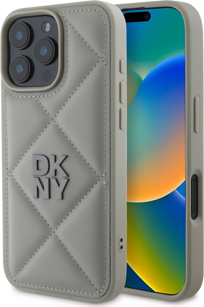 DKNY - iPhone 16 Pro - Backcover hoesje PU Leather Quilted Stack Logo – Grijs