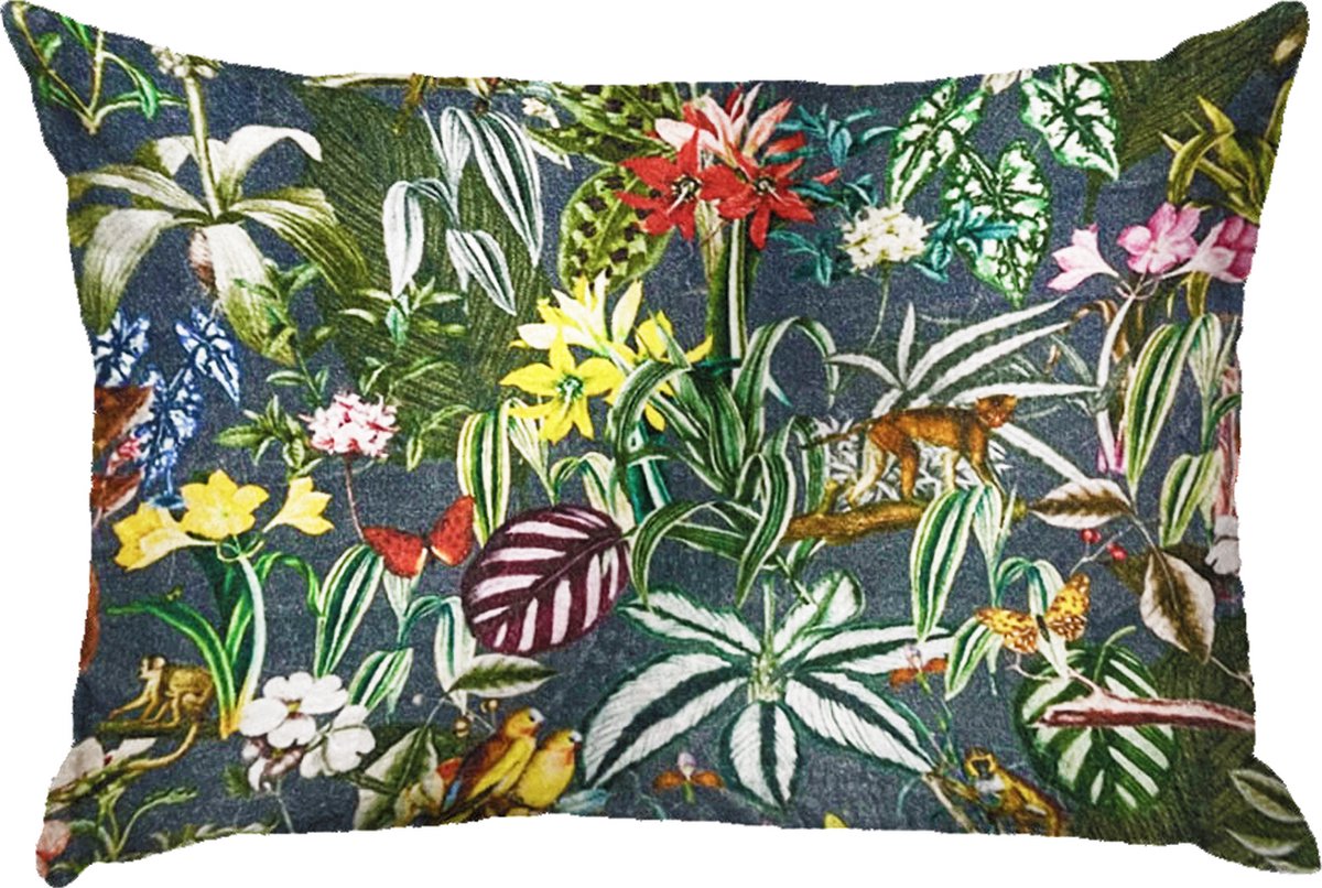 by Mooss - Sierkussen 60 x 40 cm - Velours - Tropisch Bloemen - Grijs - Inclusief binnenkussen