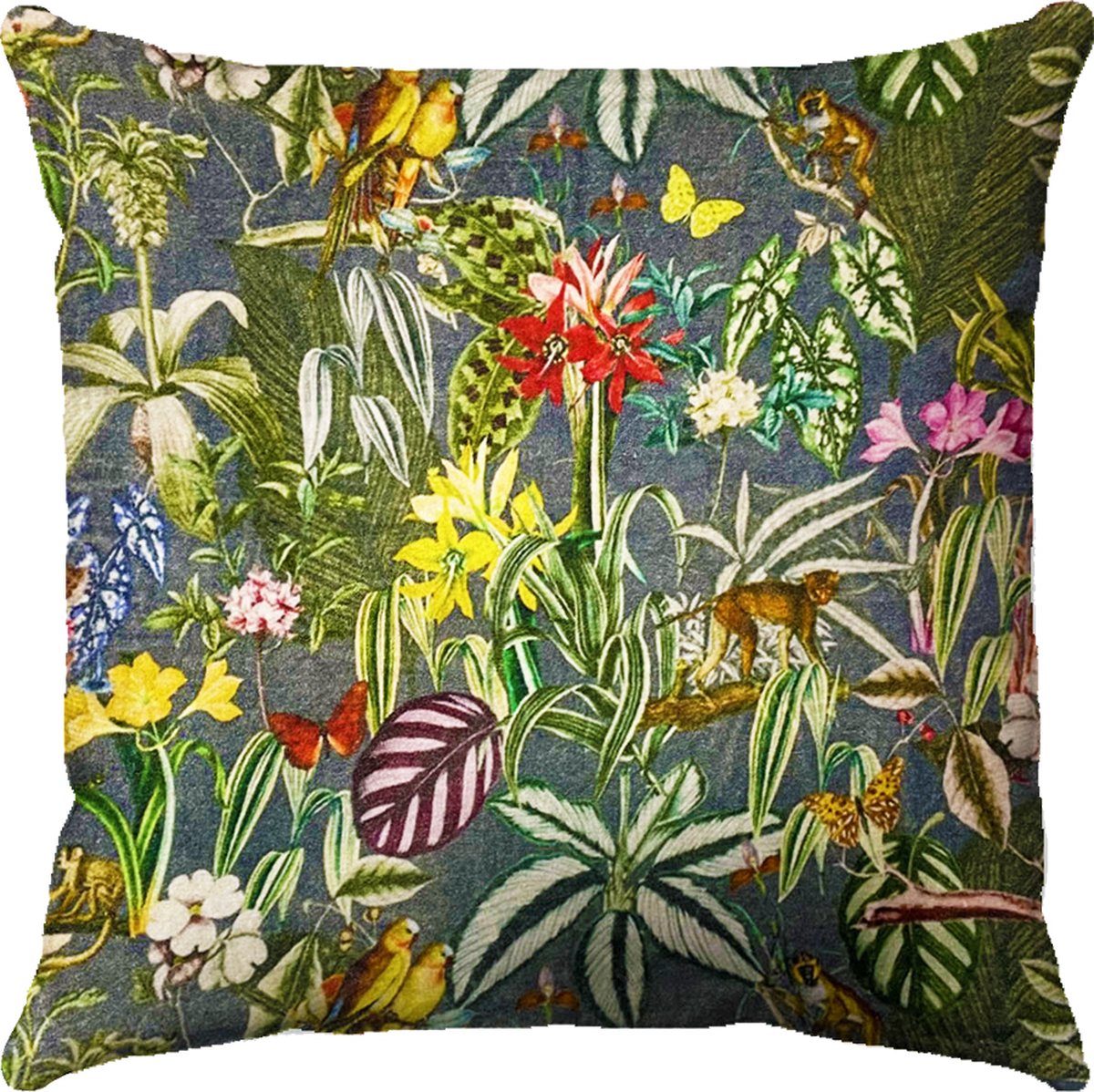by Mooss - Sierkussen 50 x 50 cm - Velours - Tropisch Bloemen Vogels - Donker roze - Inclusief binnenkussen