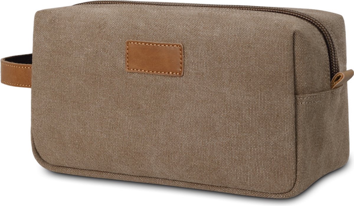 Rainbecom - Toilettassen - Beautycases – Lichtbruin - Handige Cosmetica Tas - Reis Toilettas met Hendel - 23 x 11 x 13 cm - Vintage Canvastas - Travel Make Up Organizer - Reizen Vakantie - Toiletzak - voor Heren en Dames