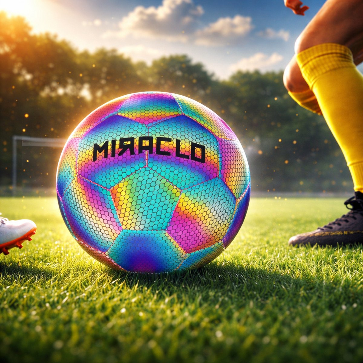 MIRACLO Reflecterende Voetbal - Lichtgevend - Kinderen en Volwassenen - Kleurenmix: Roze/Geel/Blauw/Groen - Maat 5 - Speciaal - Holografisch - Kind - Cadeau - Verjaardagscadeau - Kerstcadeau - Sinterklaascadeau - Speelgoed - Bal