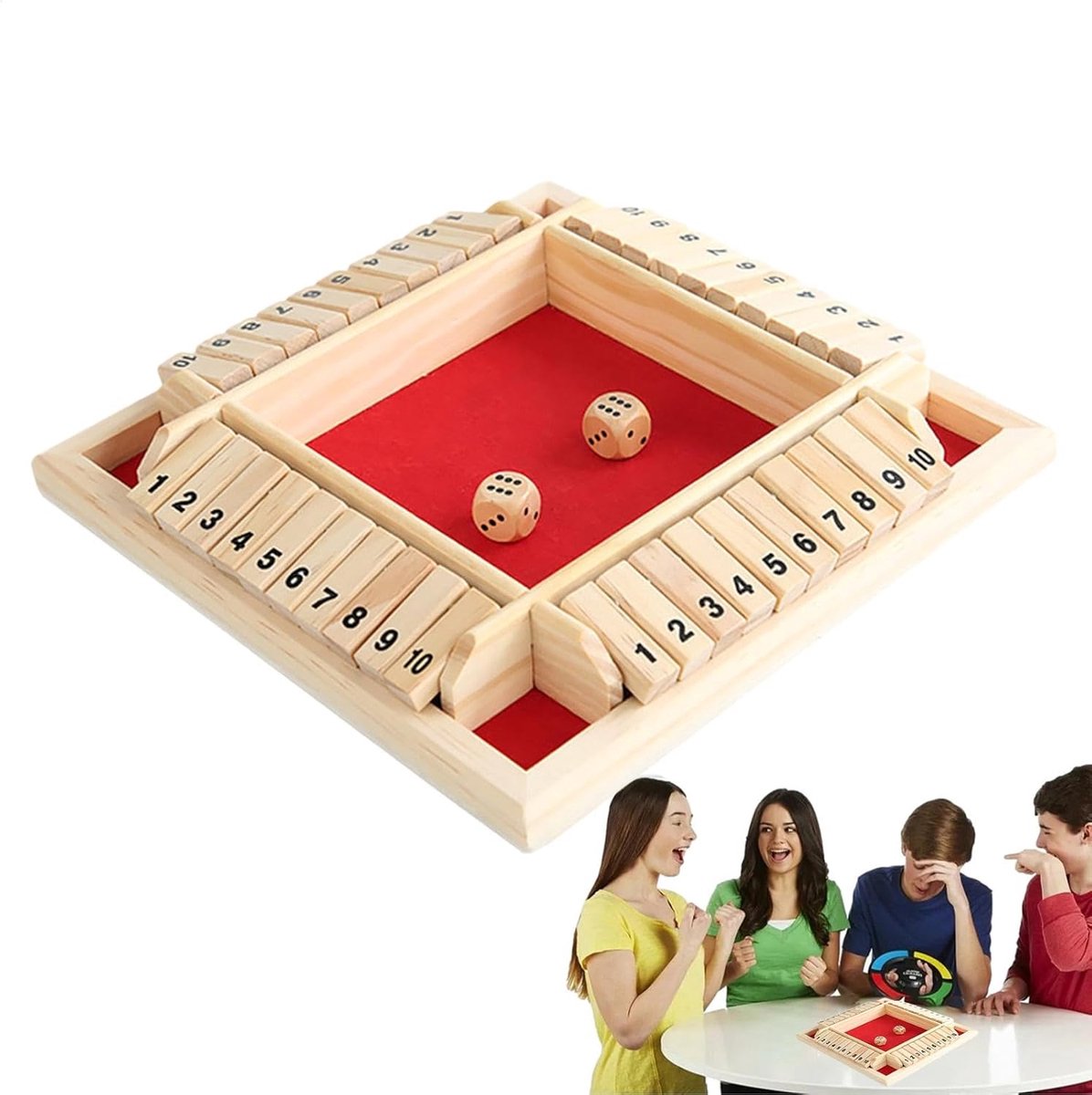 Houten Dobbelspel - Getallen Spel - Familie Entertainment - Aanpasbare Regels - 23x23x4 cm - Rood Achtergrond