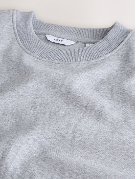 Close-up van de kraag van de grijze sweater met het Next-label zichtbaar.