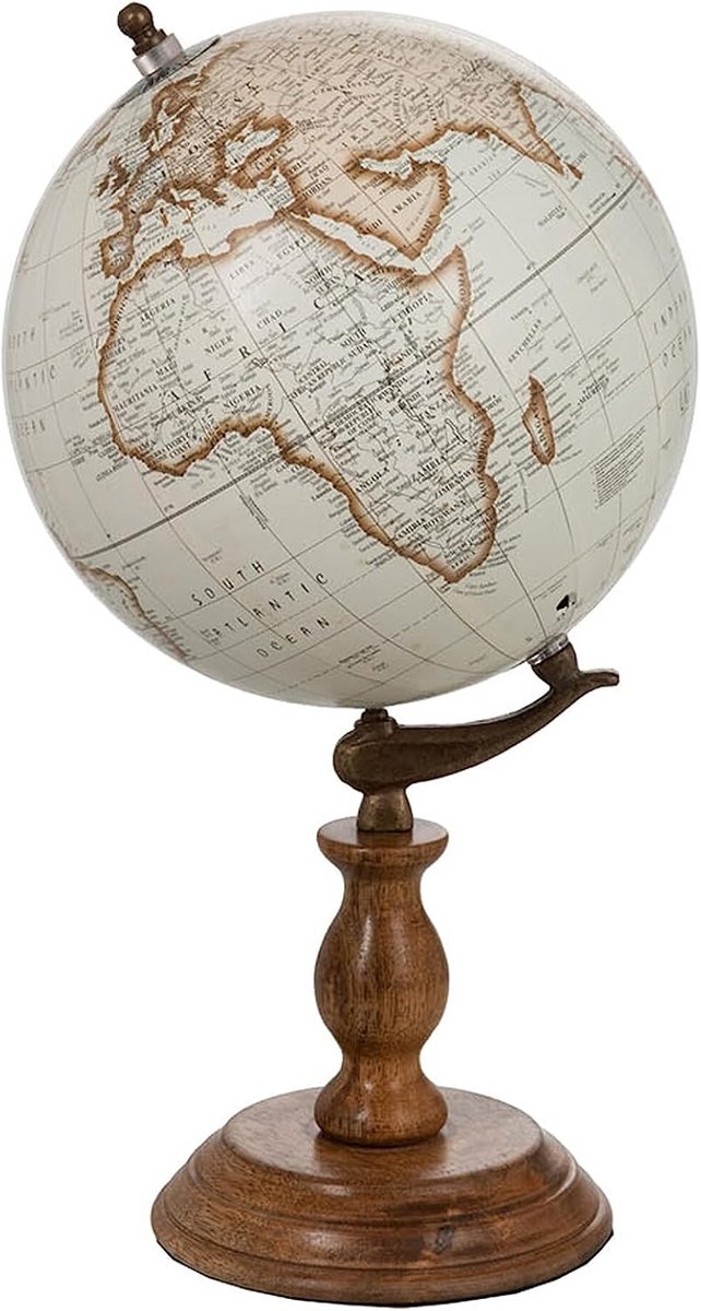 Decoratieve Wereldbol - Aardbol Op Standaard - Woonkamer Decoratie - Houten Voet - Medium Formaat - Wit Naturel