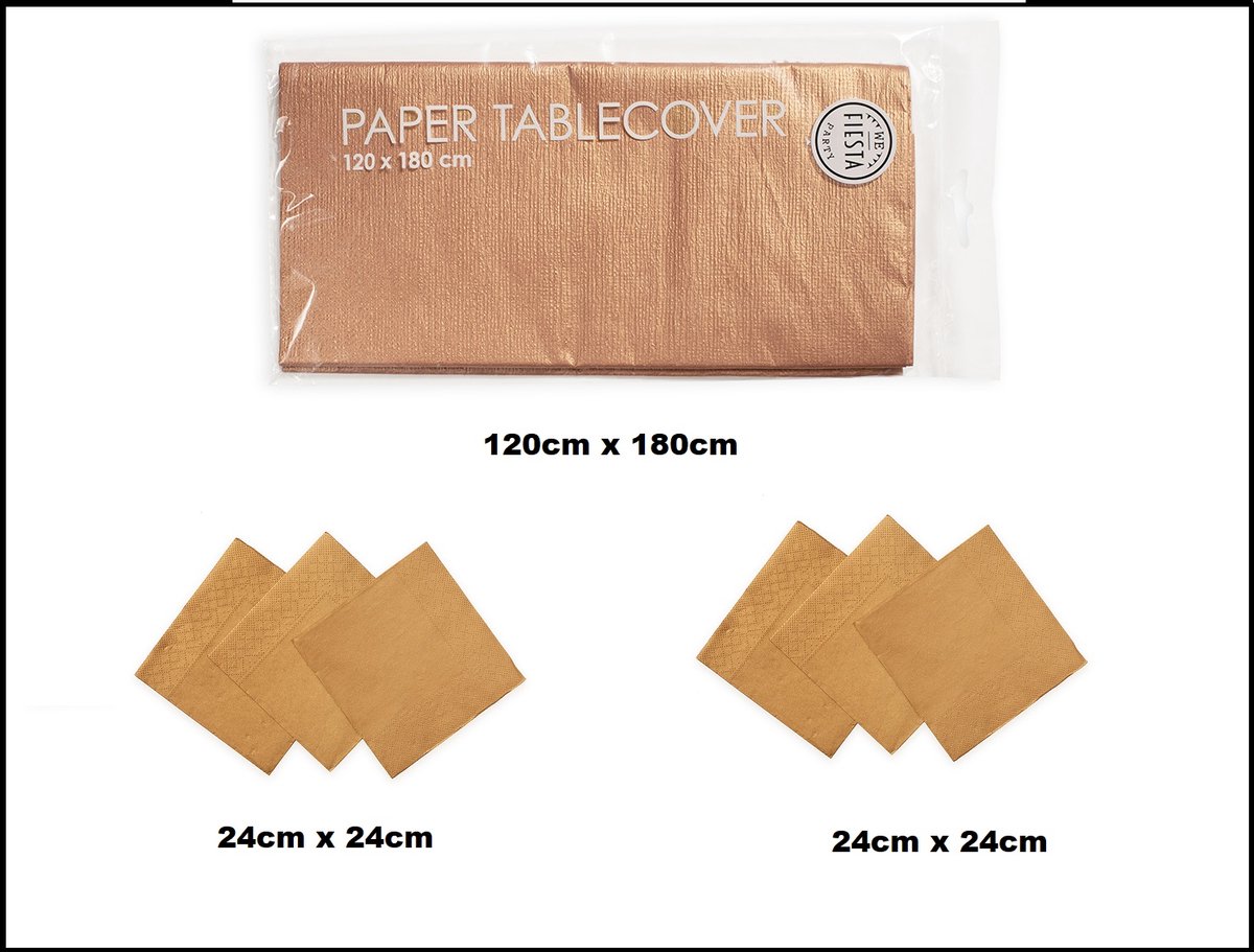 1x Tafelkleed papier rose goud 120cm x 180cm + 40x Cocktail servetten rose goud 24cm x 24cm 3 laags