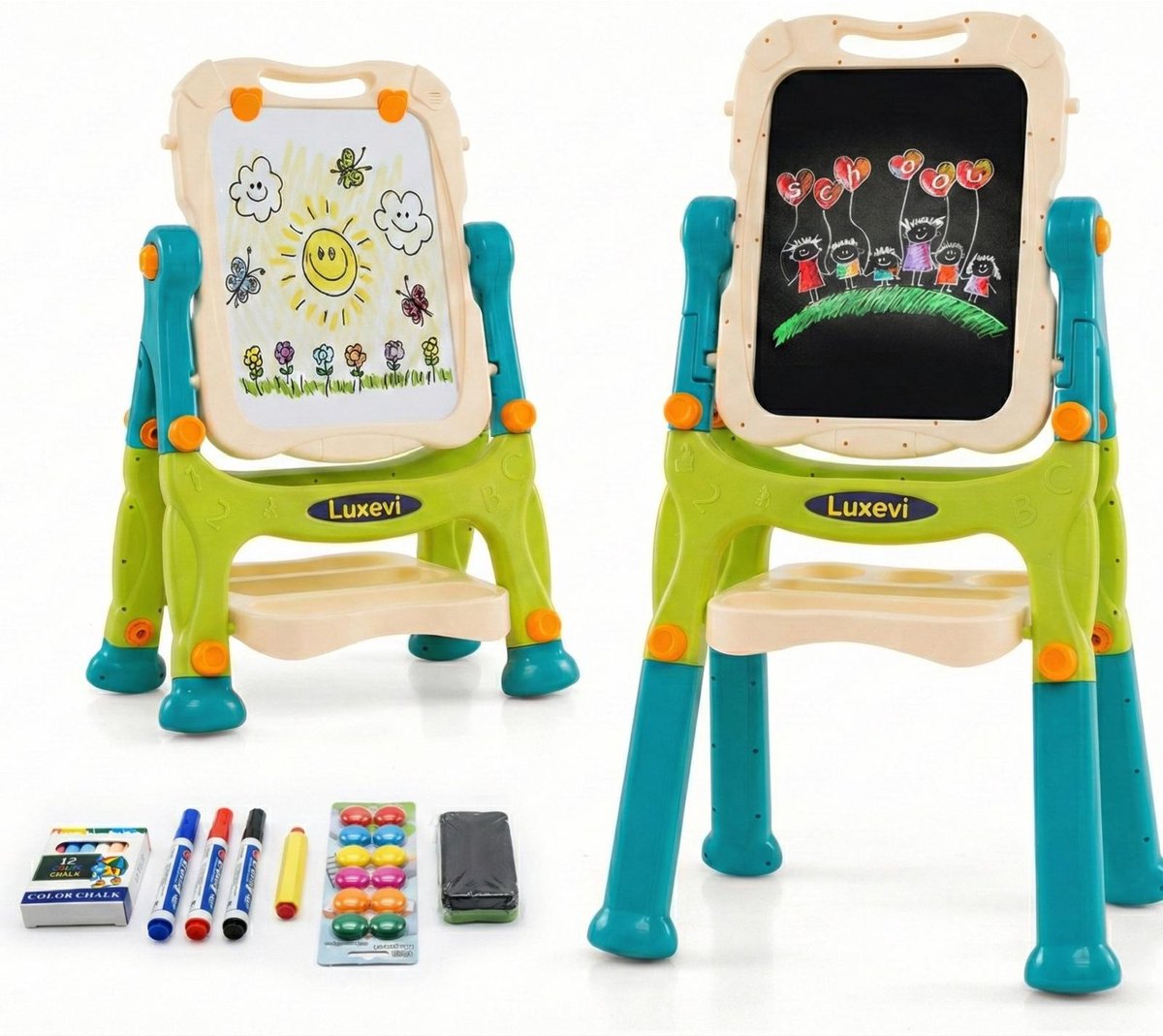 Luxevi Tekenbord Kinderen 108cm – Krijtbord & Magnetisch Whiteboard – 360° Draaibaar – Met Accessoires
