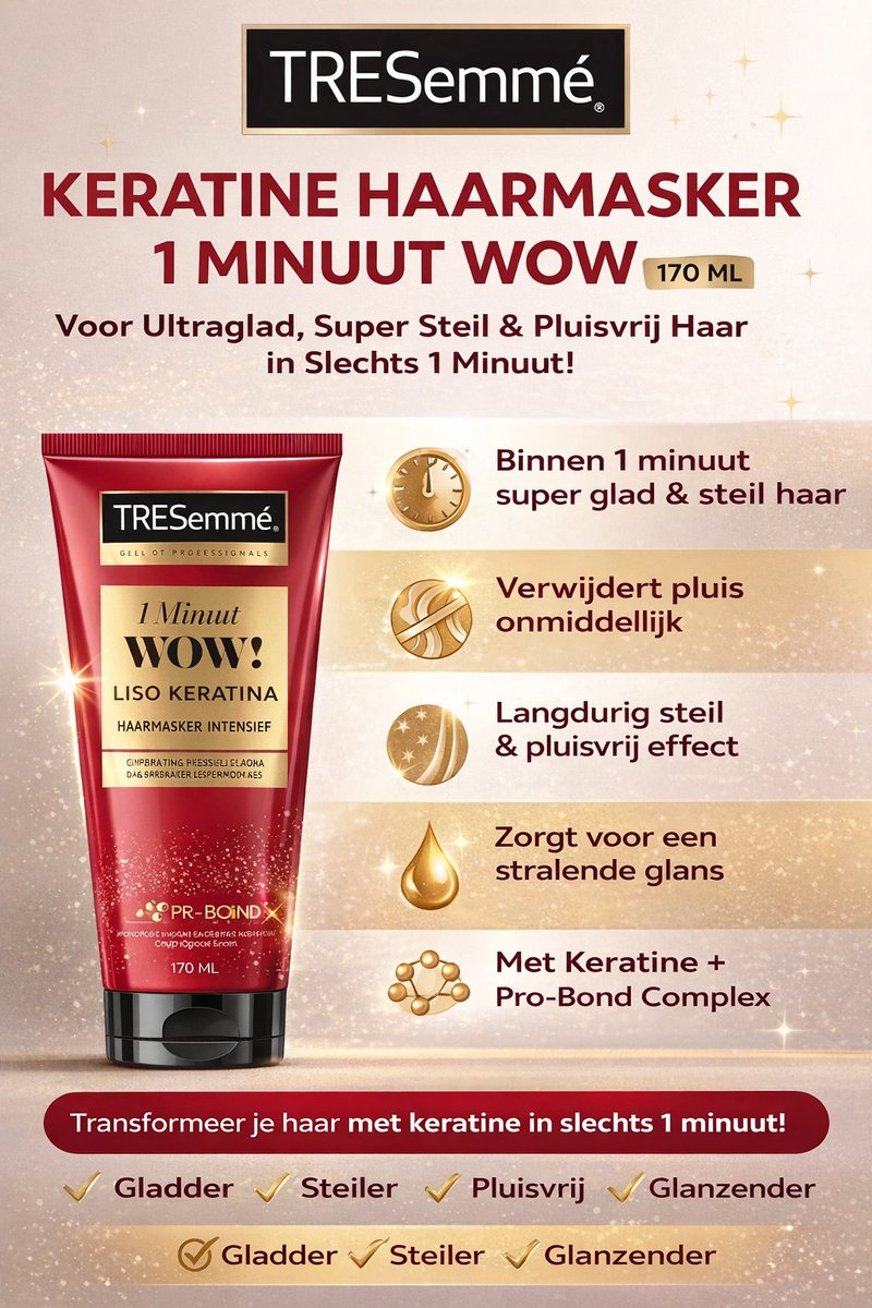 STIJL HAREN IN 1 MINUUT  Intensief WOW Haarmasker met Gehydrolyseerde Keratine & Pro-Bond Complex – Herstel, Voed & Versterk je Haar Direct  – 170 ML voor Zacht, Glanzend en Gezond Haar!  Perfect voor Elke Dag!"