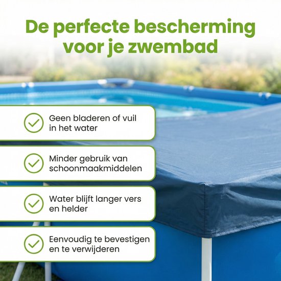 Blauw zwembadafdekzeil met groene tekst, geen bladeren/vuil, minder schoonmaakmiddelen, water blijft vers, eenvoudig te bevestigen.