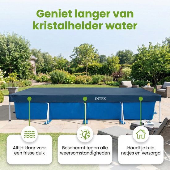 Donkerblauw Intex zwembadafdekzeil op blauw framezwembad, geniet langer van kristalhelder water.