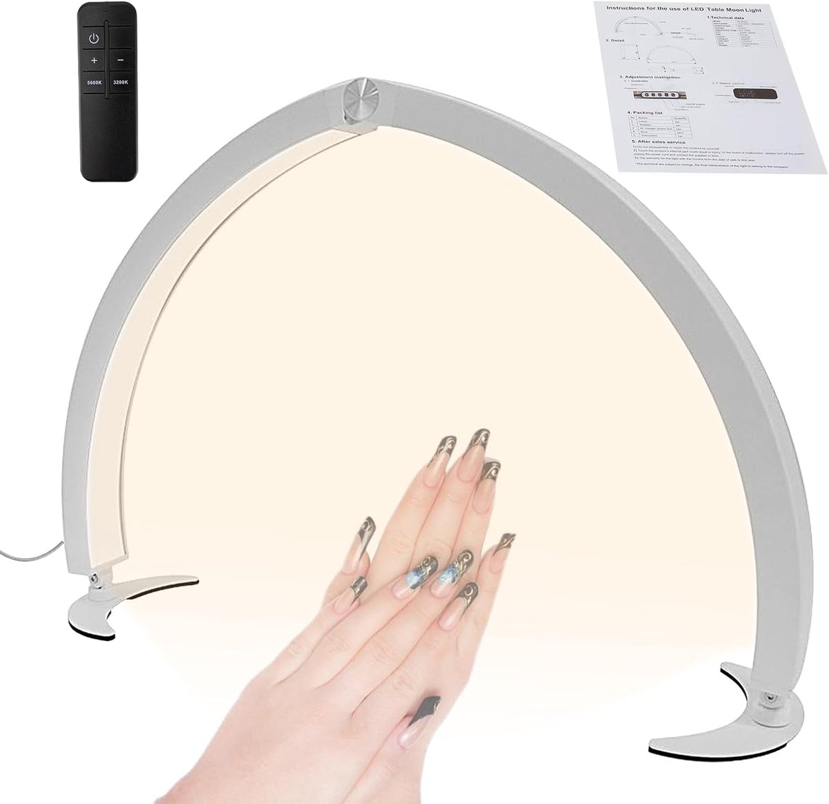 Nageltafellamp Halve Maan - Verstelbare Verlichting - Schoonheidsbehandelingen - Opvouwbaar Afstandsbediening - 73x36.5cm - Wit